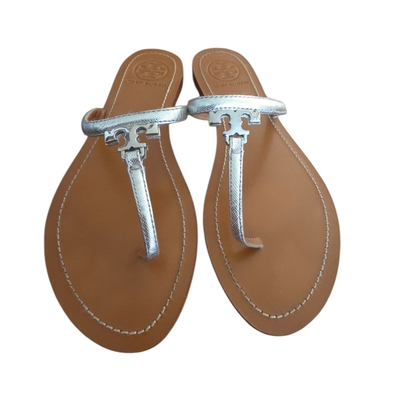 Tory Burch Silver Metallic Leather Strap T Logo Thong 7.5 - Picture 13 of 16